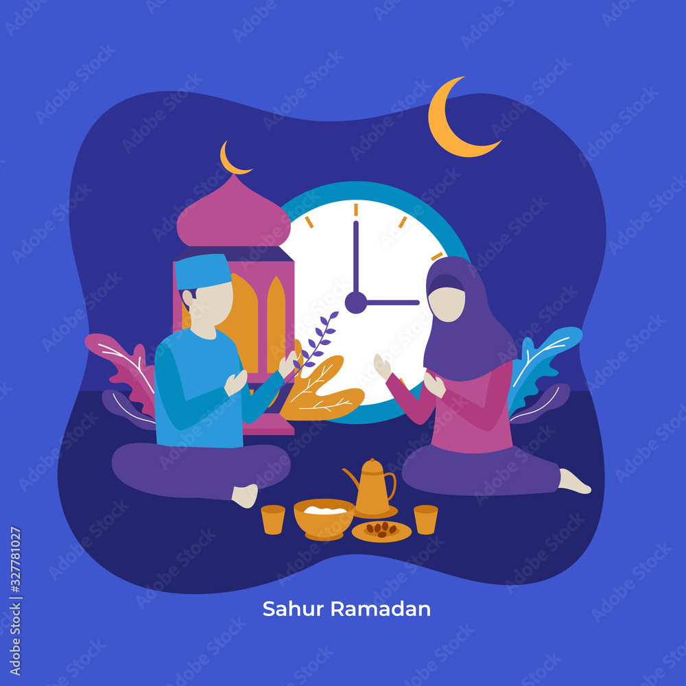 Muslim man and woman praying to Allah together during sahur eat time to prepare full day fasting vector flat illustration. Islam ramadan activity character concept poster background design.