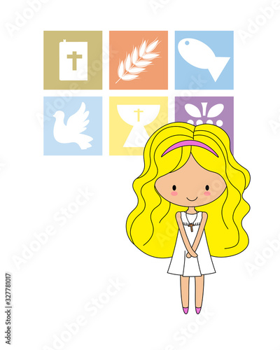 First communion card. Girl with religious icons. Space for text