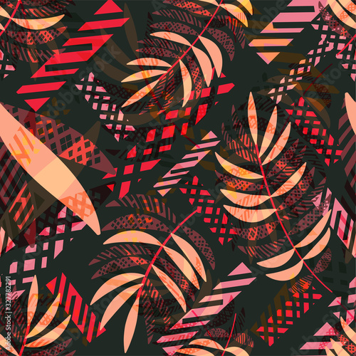 Vector seamless tropical pattern with palm leaves  on dark  background.  Flor...