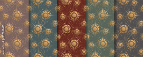 Set of gold art-deco seamless patterns on different backgrounds. Vintage style design with abstract elements looking like sun