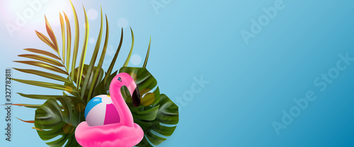 Flamingo collection banner. Floral jungle palm background. Summer tropical bird. Floral illustration. Colorful tropical leaves banner.