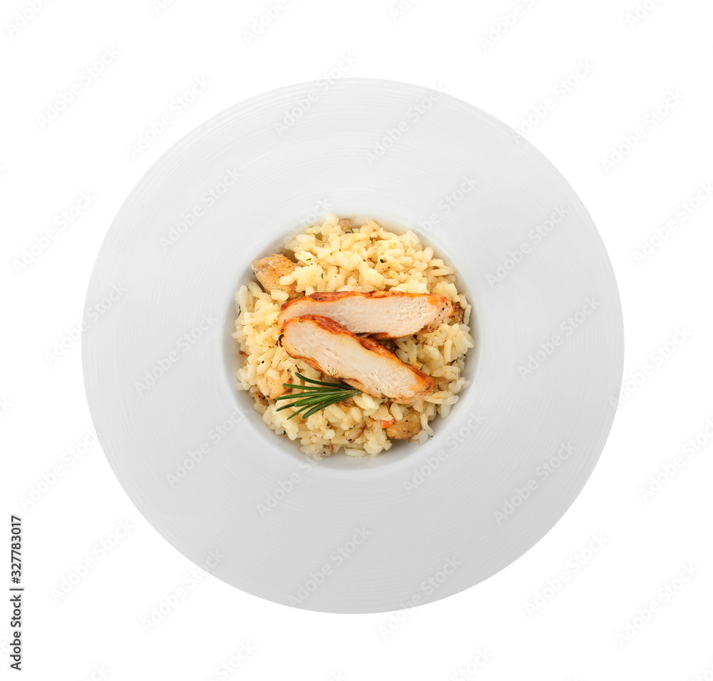 Delicious chicken risotto isolated on white, top view