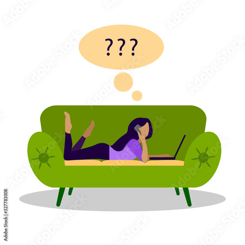 Student girl, freelancer studying, working on a laptop, talking on the phone at home lying on the couch. Question marks above her head. Freelance, online education concept. Vector illustration.