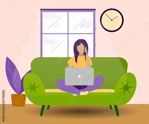 girl with laptop sitting on the sofa. Freelance or studying concept. Cute illustration in flat style.