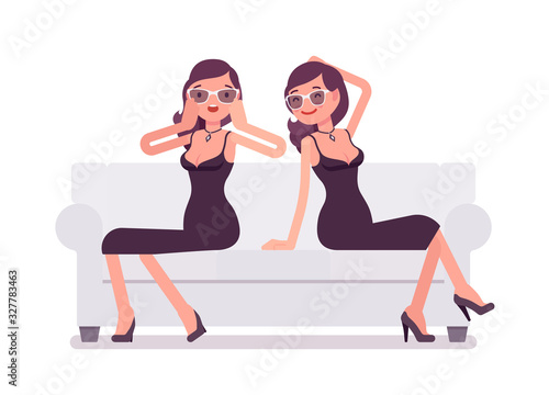 Glamour girl sitting on a sofa, beautiful woman wearing sexy attractive clothing, classic appealing black dress. Cocktail party, evening ceremony event fashion. Vector flat style cartoon illustration