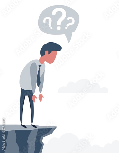 Businessman looking down from mountain top on sky background. Success and challenge concept. Vector flat design illustration.