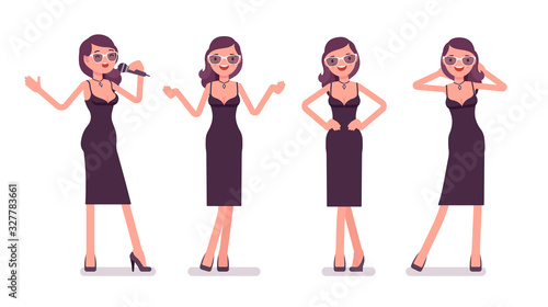Glamour girl enjoying life, beautiful woman wearing sexy attractive clothing, classic appealing black dress. Cocktail party or evening ceremony event fashion. Vector flat style cartoon illustration