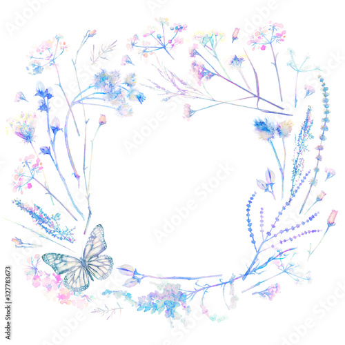 Watercolor floral wreath with leaves and branches.  hand drawn artistic frame.