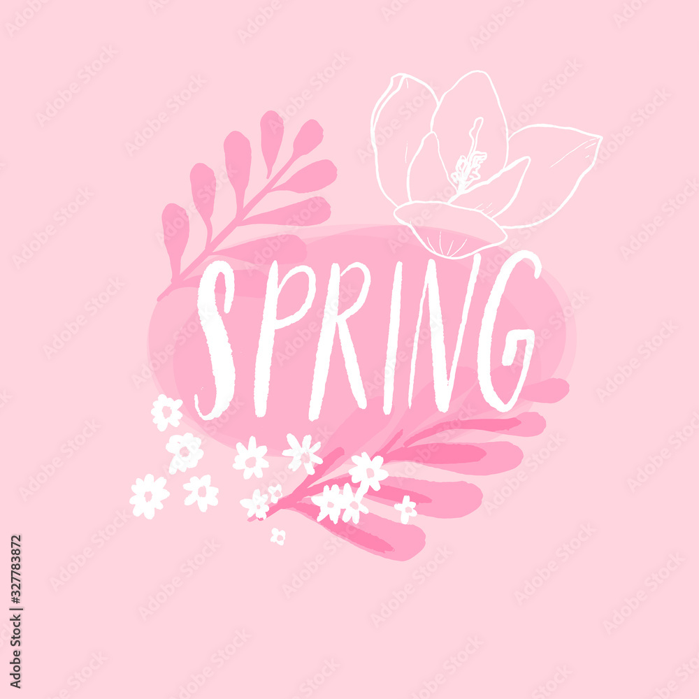 Spring handwritten word decorated with pastel pink flowers and branches, line sketch of crocus and chamomile. Cute feminine banner for spring offers, sale and socail media.