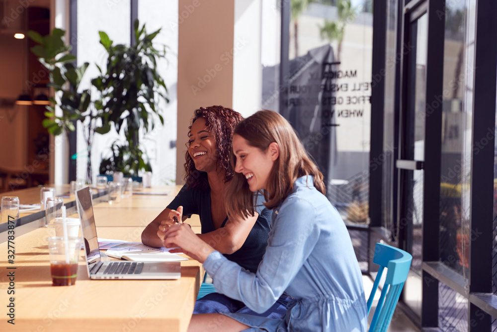 Two Businesswomen With Laptop At Desk By Window In Office Collaborating On Project Together Two Businesswomen With Laptop At Desk By Window In Office Collaborating On Project Together