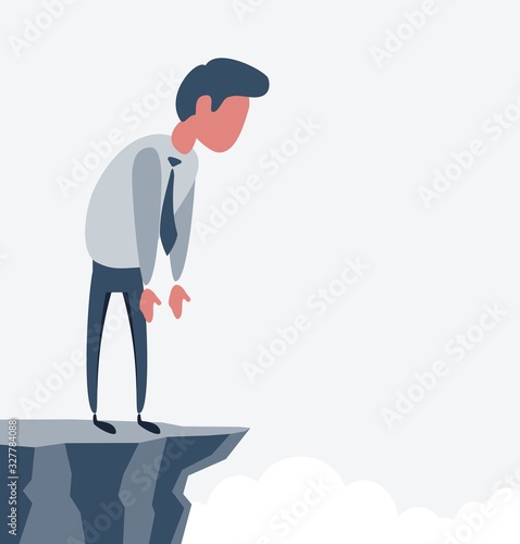 Businessman looking down from mountain top on sky background. Success and challenge concept. Vector flat design illustration.