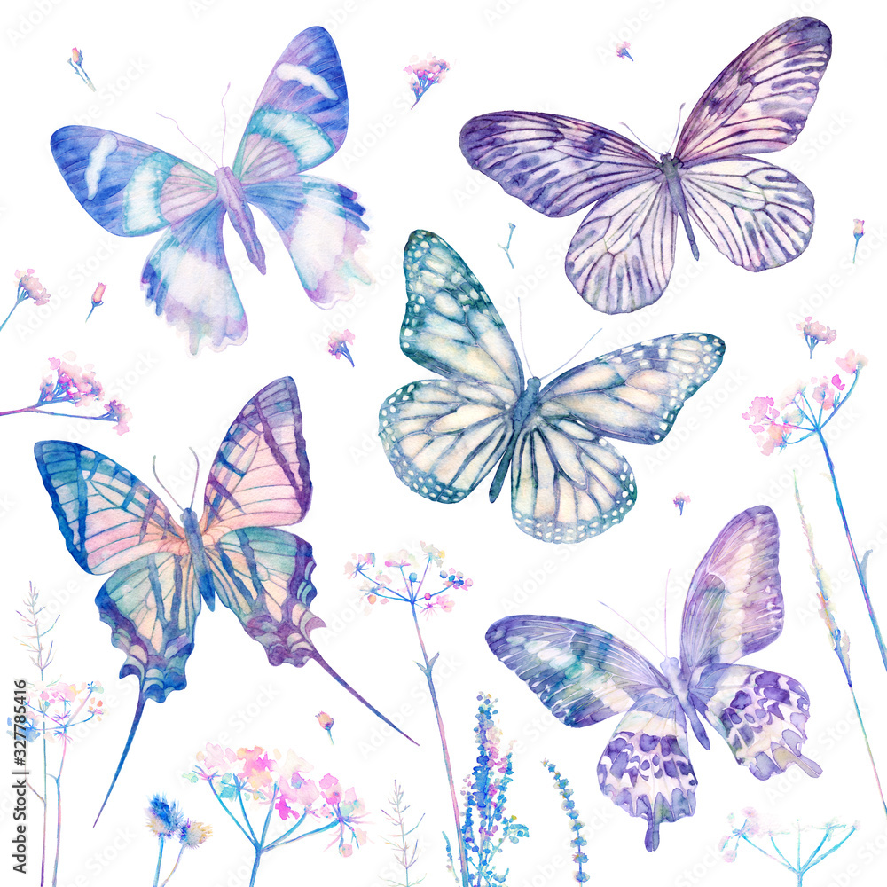 Fototapeta premium Watercolor butterflies isolated on white background with flowers. Big floral bright set. Abstract colorful illustration blue collection