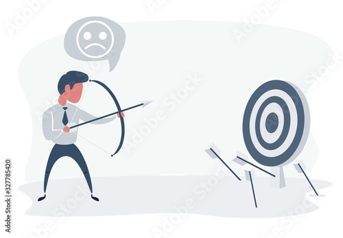 Businessman shooting arrow. Missed the target. Vector flat design illustration.