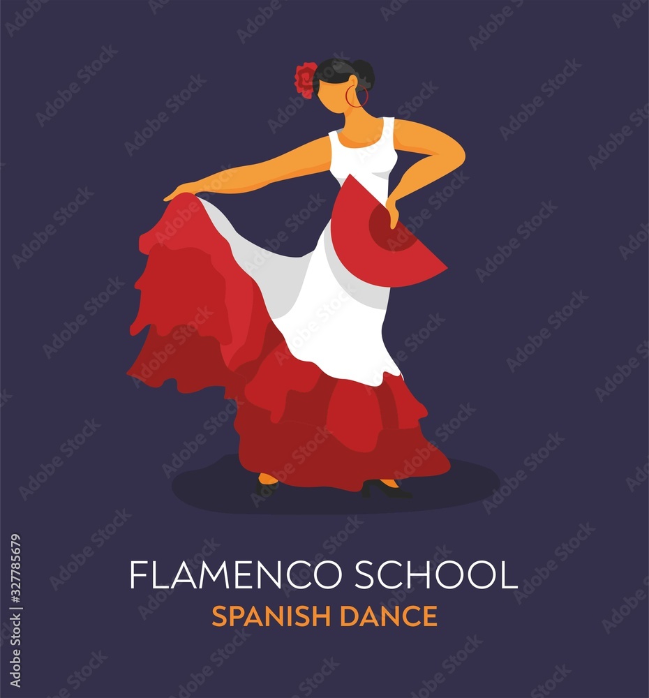 Flamenco dancer in a dance pose in a red dress with a fan. Banner, business card, promo for dance school. Concept of folk culture. Symbol of Spain for tourist guides, Souvenirs. Vector illustration.