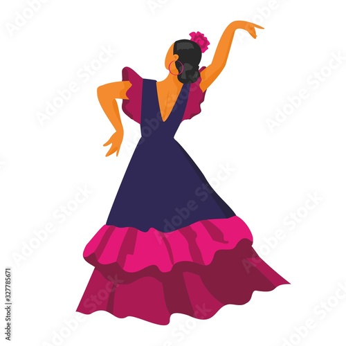 Flamenco dancer in a back dance pose in a blue dress on a white background. Symbol of Spain for tourist guides, Souvenirs, promos. Poster for dance schools and festival. Cartoon vector illustration.