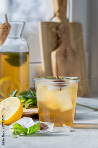 Kombucha or cider fermented drink in bottle. Heathy probiotic drink