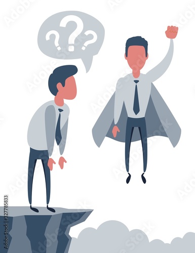 Confident superhero businessman rising up. Vector flat design illustration.