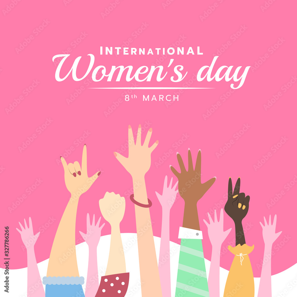 international women day banner with cute Hands up woman on pink ...