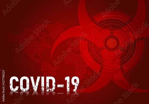 covid -19 concept with biohazard virus sign in wuhan china on dot map world and dark red background vector design