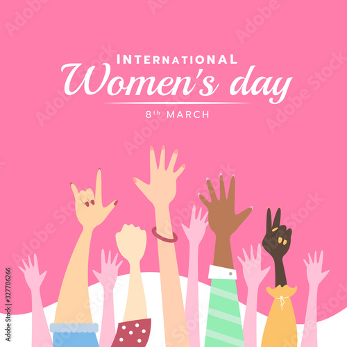 international women day banner with cute Hands up woman on pink background vector design