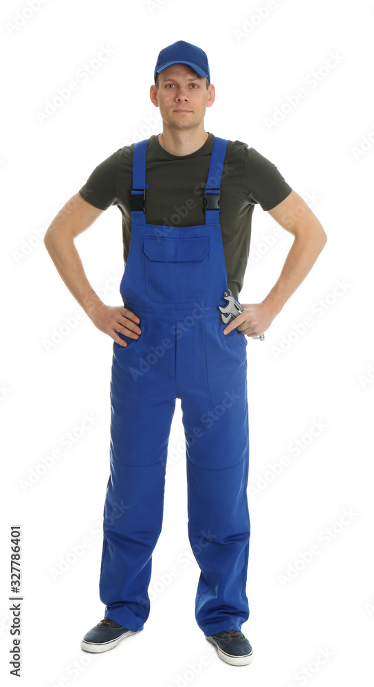 Full length portrait of professional auto mechanic with wrenches on white background Full length portrait of professional auto mechanic with wrenches on white background