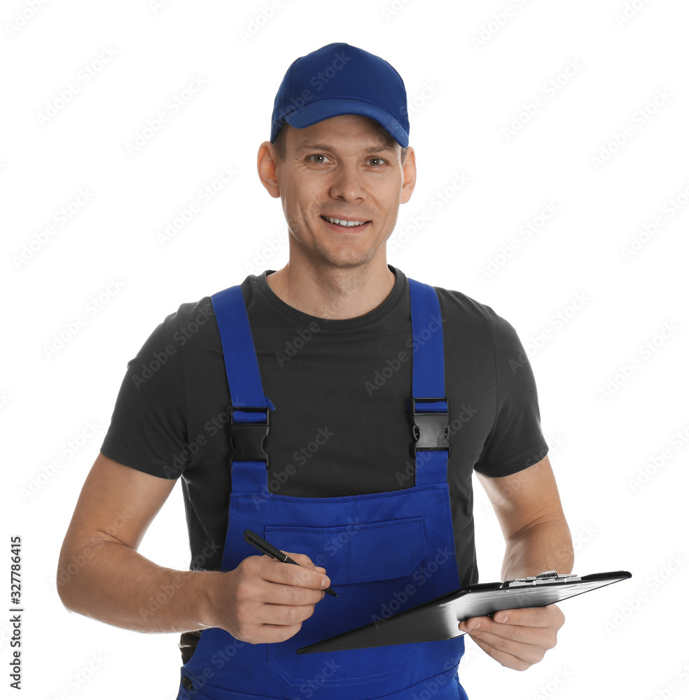 Fototapeta premium Portrait of professional auto mechanic with clipboard on white background