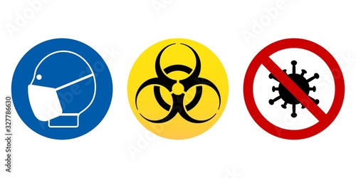 Biology and science. Protective medical mask, biohazard and virus icon shape.  Virus or bacteria cells. Global alert. Epidemic. 