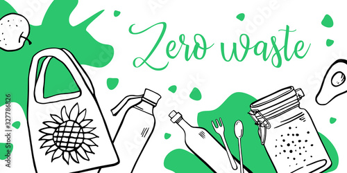 Landscape banner design template. Zero waste. Eco bag, jars, bottles and food. Outline hand drawn vector illustration