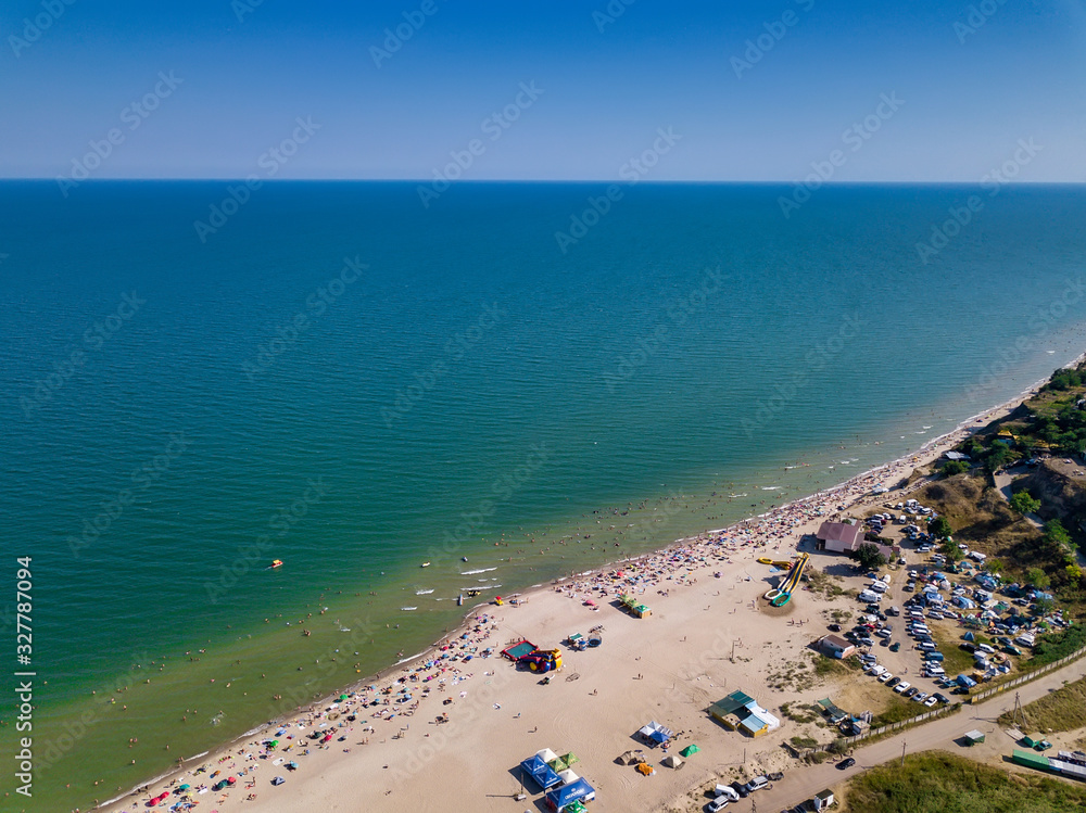Curortnoe sea spit resort in Odessa region in Ukraine. Aerial view of beach and sea. Curortnoe sea spit resort in Odessa region in Ukraine. Aerial view of beach and sea.