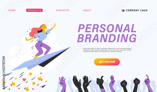 Personal brand design concept with business woman fly upwards on paper plane, like thumb up icons, human hands celebrate and applause. Landing page template, mobile app, ui. Vector flat illustration.