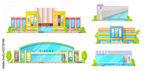 Cinemas and movie theater buildings, modern entertainment and trade mall architecture. Vector isolated 3D cinema hall with movie premiere posters and city infrastructure