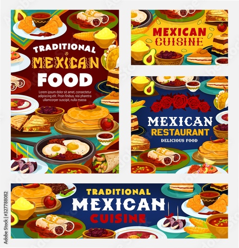 Mexican cuisine traditional food, authentic Mexico restaurant dishes menu. Vector Mexican lunch and dinner meals, nachos and guacamole, tacos, burritos and quesadilla, churros and chili pepper meat