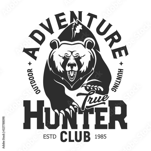 Grizzly bear, hunter club adventure T-shirt print template. Vector isolated outdoor hunt sport, wild roaring and running bear with claws, T shirt grunge print template