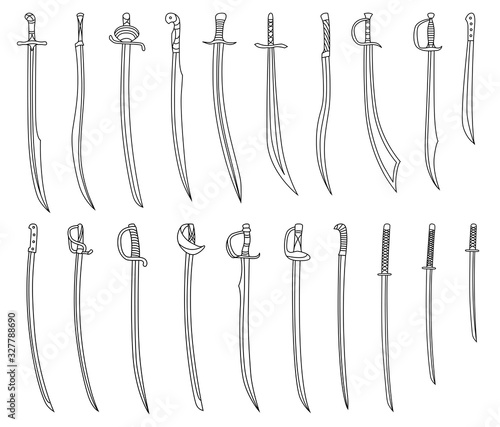 Set of simple monochrome images of sabers and cutlasses drawn by lines.