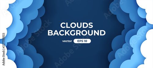 Blue sky with white clouds background. Border of clouds. Paper cut. Simple cartoon design. Banner, poster, flyer template. Flat style vector eps10 illustration.