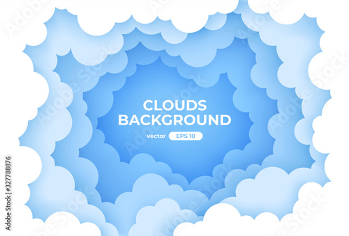 Clouds circle frame. Blue sky with white clouds background. Round border of clouds. Paper cut. Simple cartoon design. Banner, poster, flyer template. Flat style vector eps10 illustration.