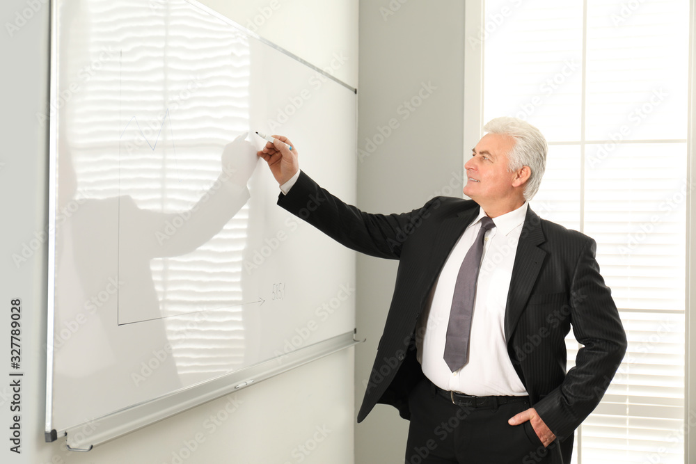 Senior business trainer near whiteboard in office Senior business trainer near whiteboard in office