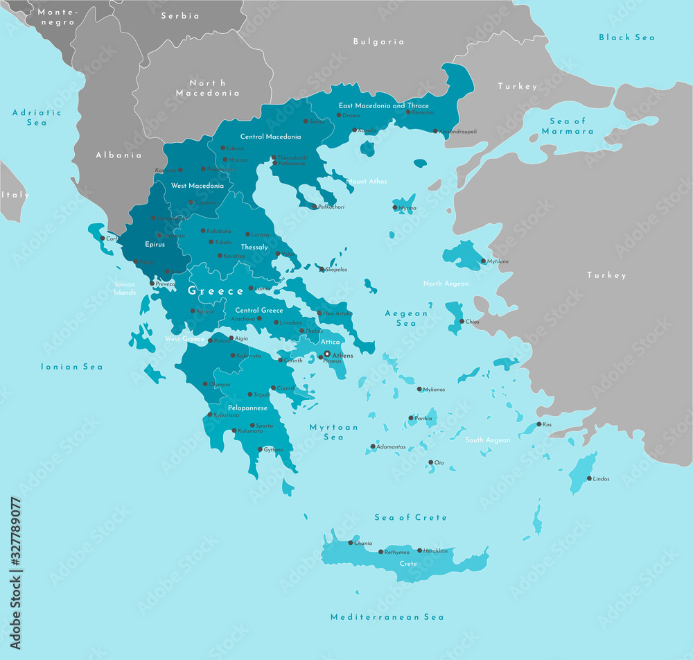 Vector modern illustration. Simplified administrative map of Greece (Hellenic Republic). Border with nearest states (Bulgaria, Turkey and etc). Blue background of seas. Names of cities and regions.