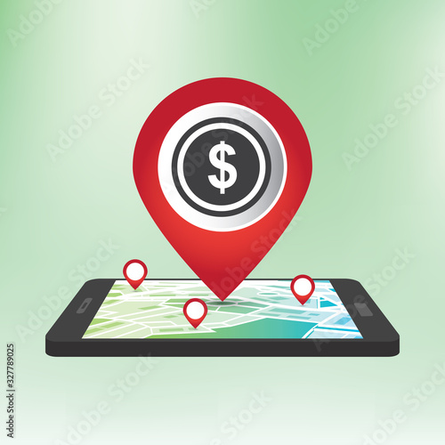 Dollar map pin navigation pointer. Location marker vector symbol