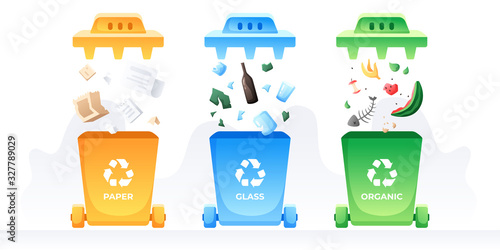 Segregation and recycling. Containers for garbage and trash. Rubbish bins for sorting different types of waste. Multi-colored cans. Simple modern design. Flat style vector eps10 illustration.