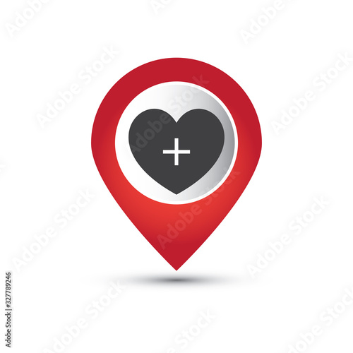 map pointer icon with cross hospital symbol position