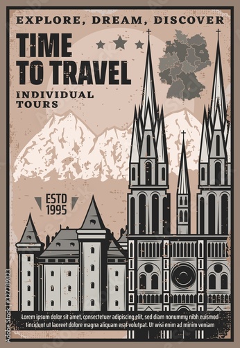 Germany city tours, Berlin and Munich landmarks, Hamburg famous attractions, travel agency retro vintage poster. Vector German temples, museums, castles and ancient architecture buildings sightseeing