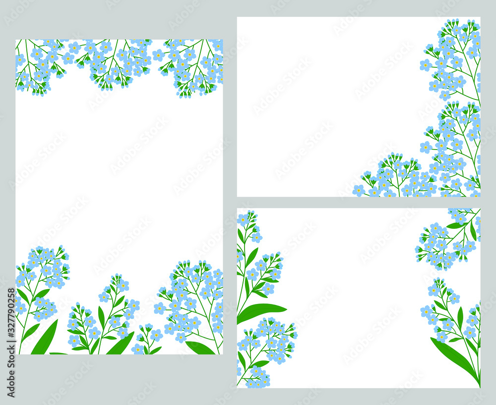 Forget me nots flower postcard  invitation frame set vector spring botanical illustration