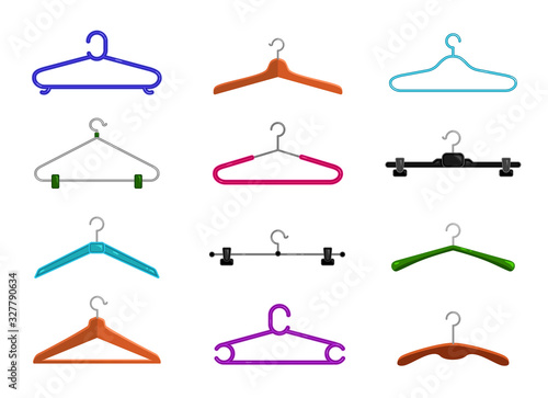 Set of metal, plastic and wooden clothes hangers