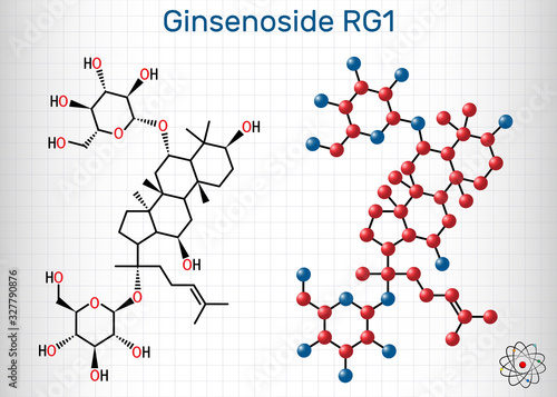 Ginsenoside Rg1 molecule. It is one of the major active components of ginseng, ameliorates cigarette smoke-induced airway fibrosis. Sheet of paper in a cage