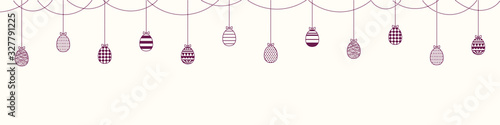 Card, banner design with garland, bunting of different eggs with patterns, bows. Purple on white background. Vector illustration. Concept for holiday celebration decor element. Flat style.
