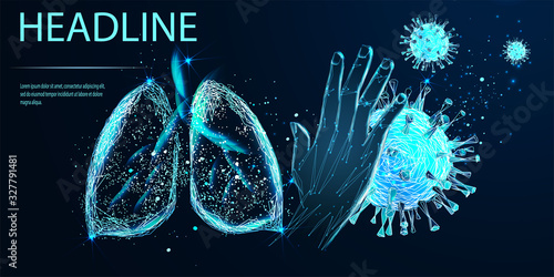 COVID 19. Human lungs. Covid-19. Sars disease, coronaviruses in the lung. The coronavirus causes the severe illness SARS (Severe Acute Respiratory Syndrome). Low poly wireframe style. Vector