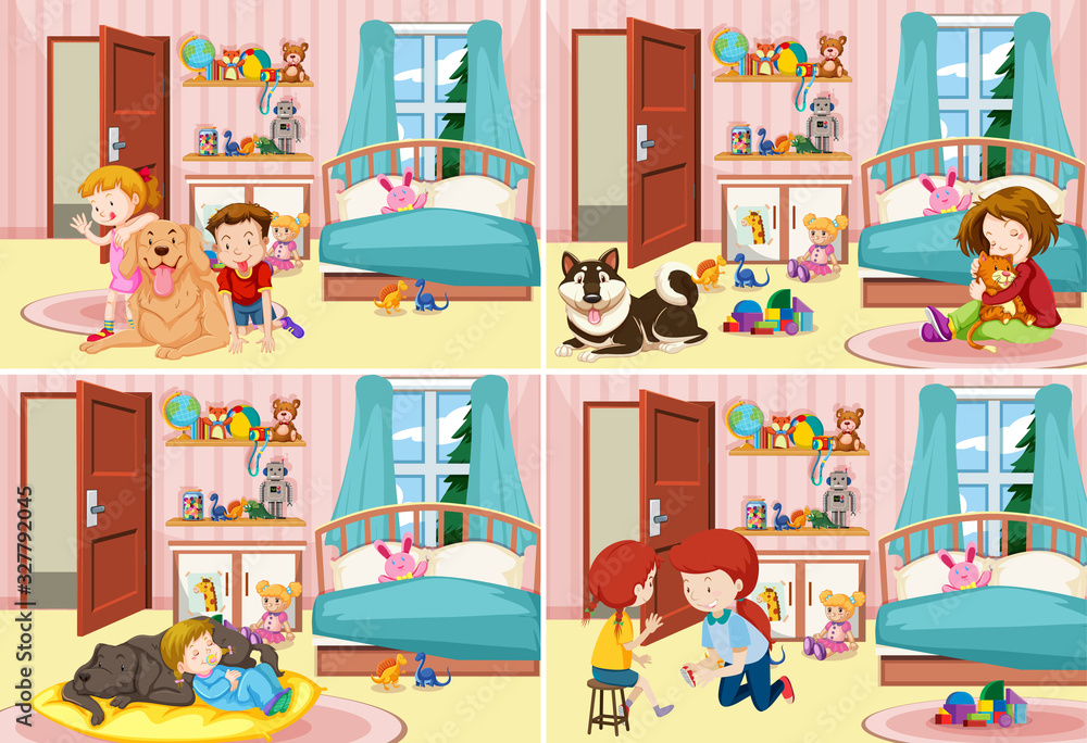 Four scenes of bedrooms with kids and pet