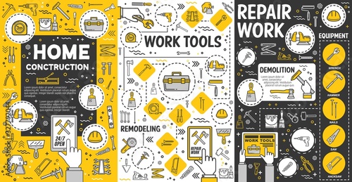 Hose remodeling, home construction, renovation and repair work tools. Vector carpentry, engineering and construction handyman service hand tools, drill and saw, paint, hammer and ruler toolkit