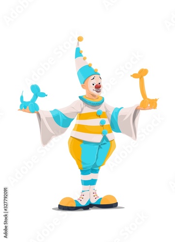Clown with balloon animals  circus and funfair carnival cartoon character  vector icon. Clown in white  yellow and blue stripes costume with pom-pom holding balloon dogs